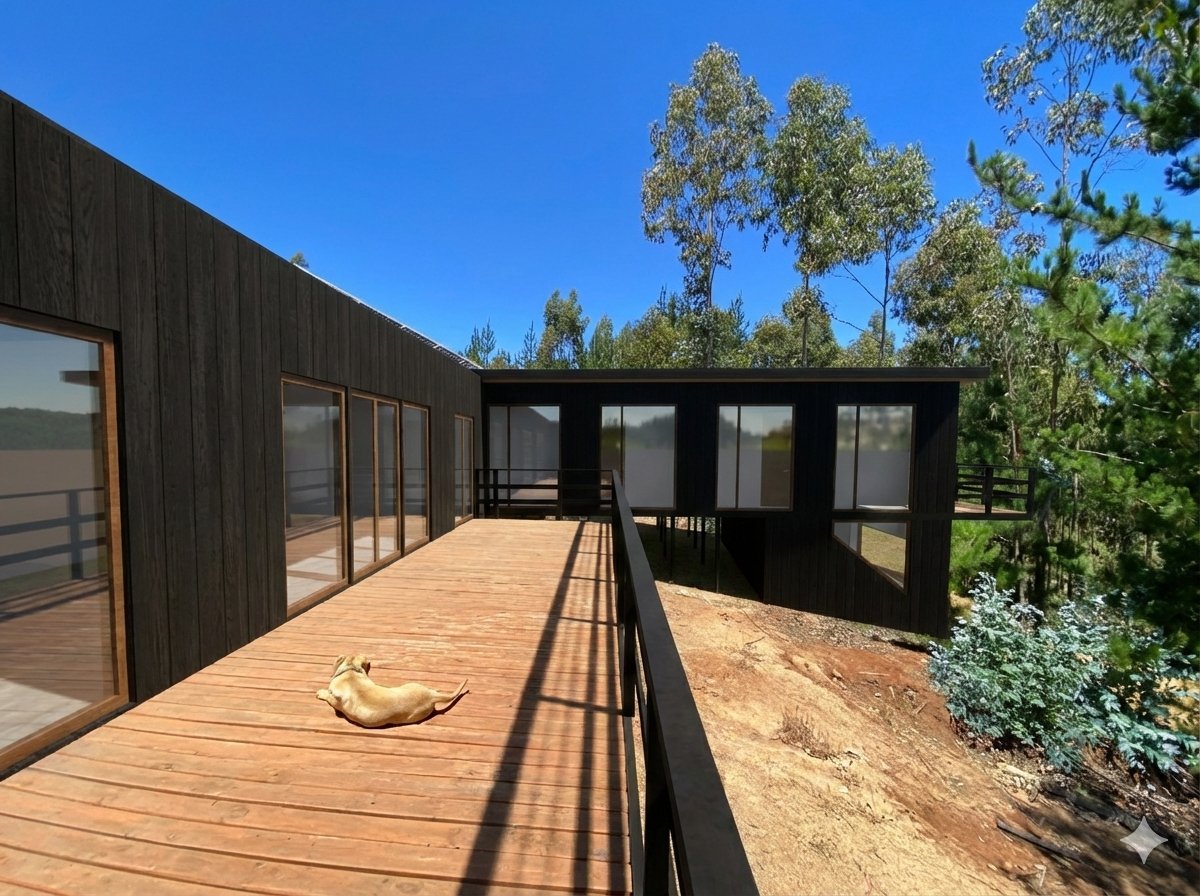 Terraza de madera de vivienda en bosque