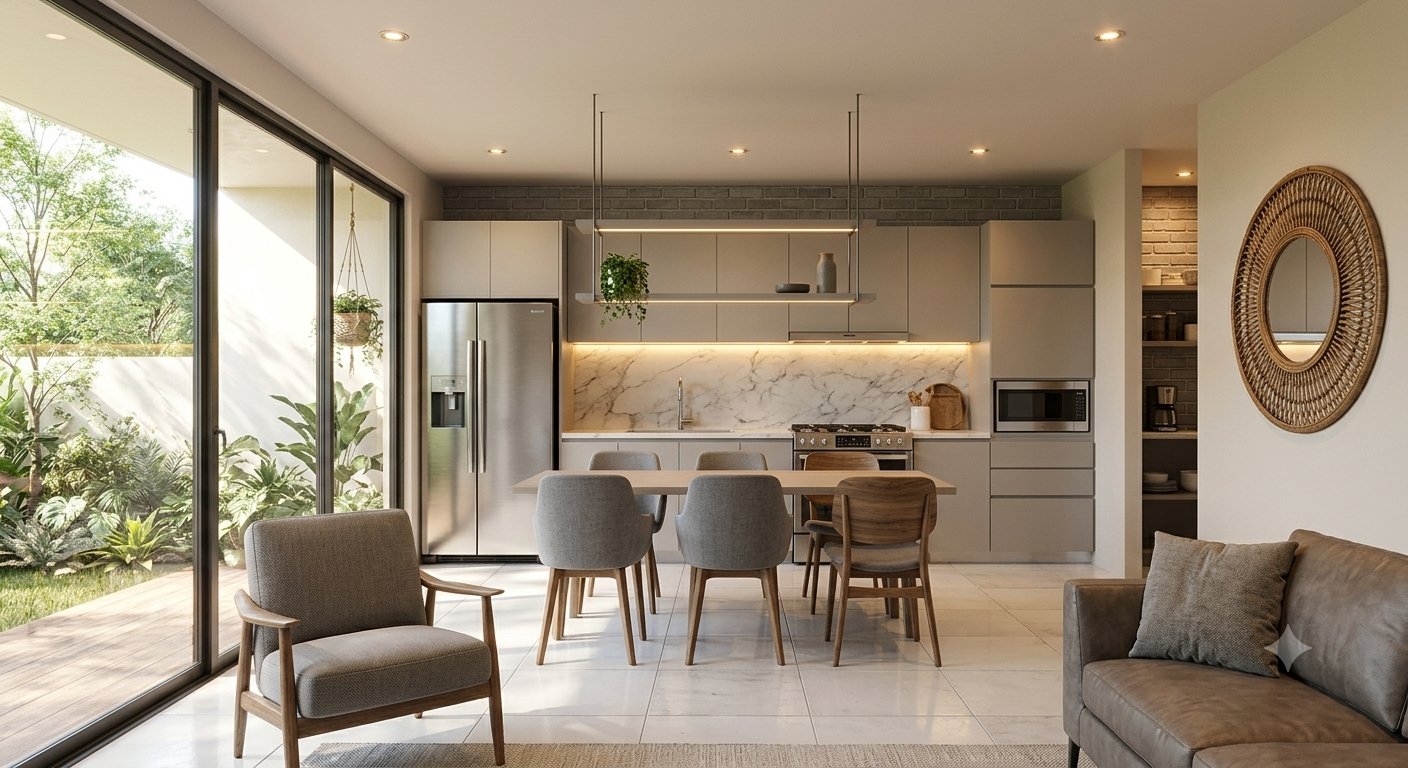 Diseño interior de cocina y living comedor