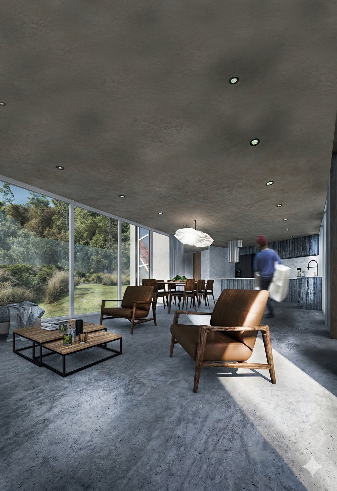 Living comedor con cielo en hormigón a la vista
