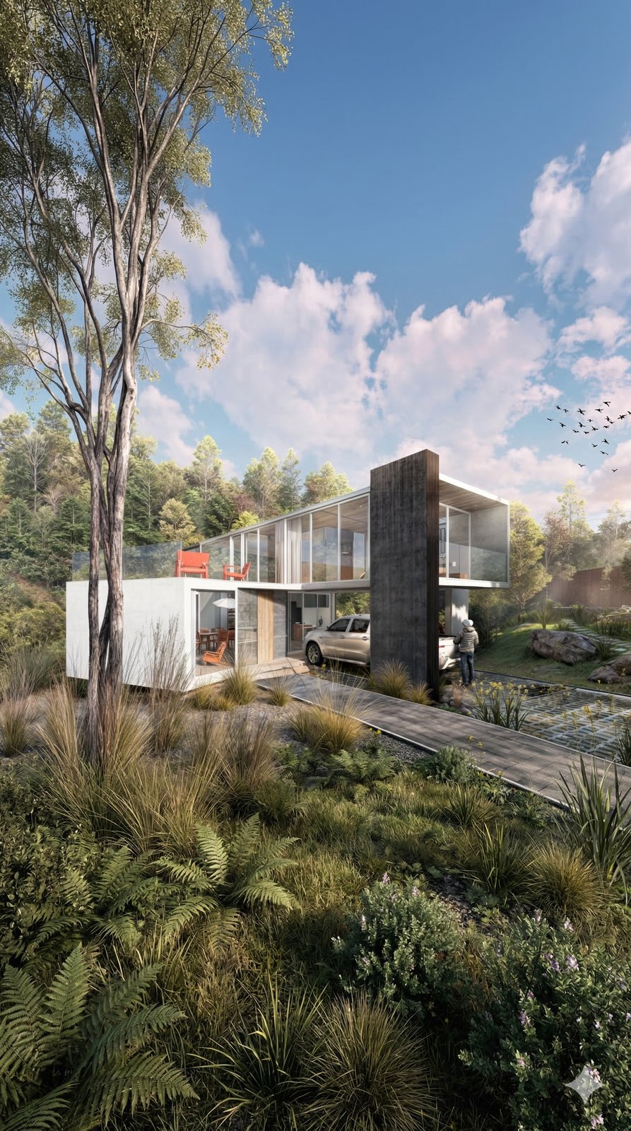 Vivienda contemporánea con volumen en voladizo